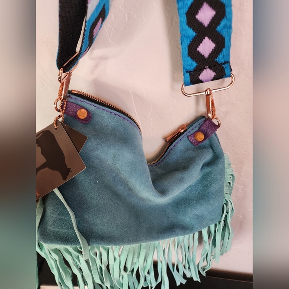 Fort Omotse Teal Leather Fringe Guitar Strap Crossbody - Picture 7 of 11
